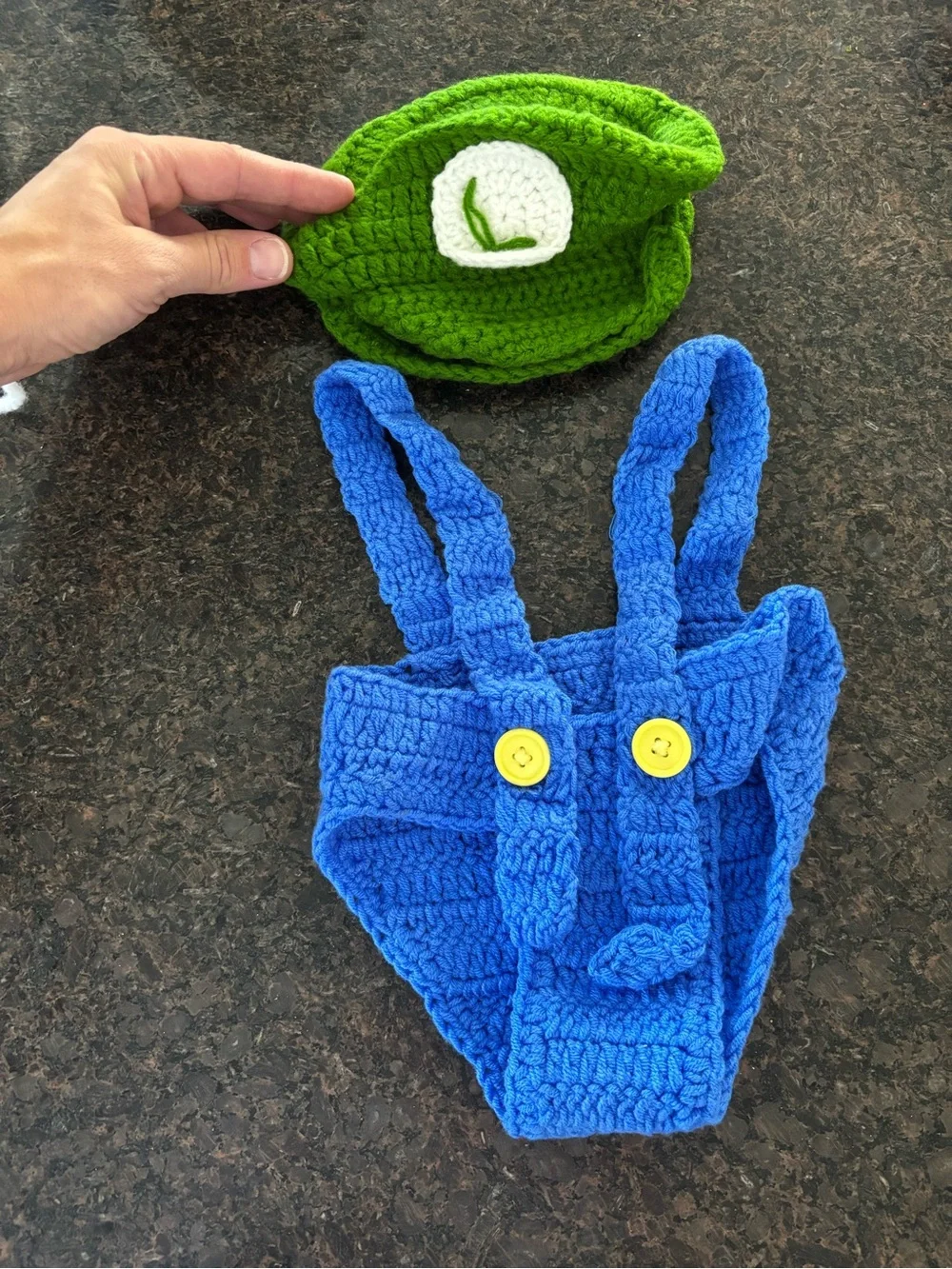 Infant Crochet Luigi Hat and Blue Overalls Set - Green & Blue
